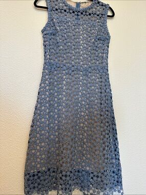 Elie Tahari Blue Crochet Lace Illusion Dress Nude Lining EUC Designer